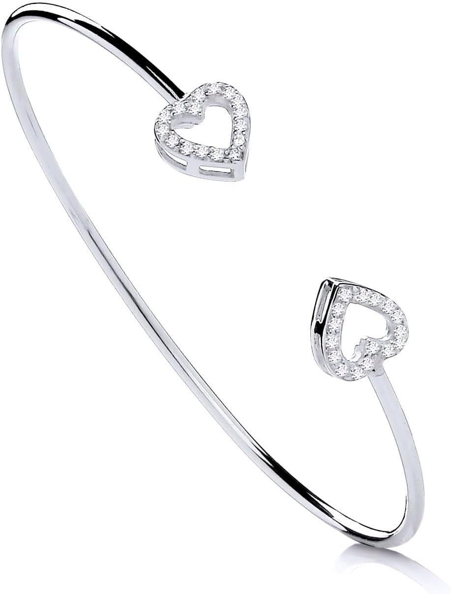 Solid 925 Sterling Silver Cubic Zirconia HEART Ladies Torque Bangle