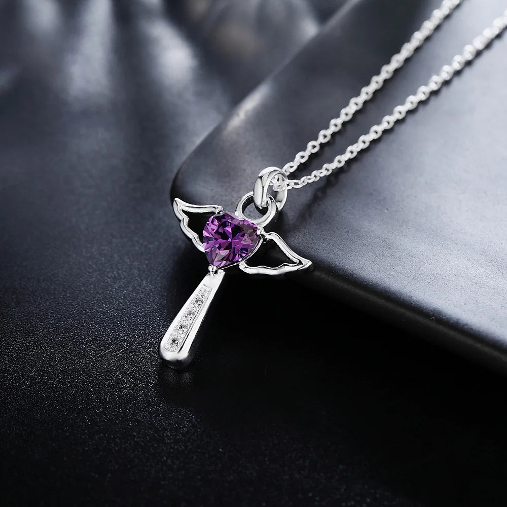 Fine 925 Sterling Silver Angel Noble Crystal Cross Pendants Necklace for Women Luxury Party Wedding Jewelry Christmas Gifts