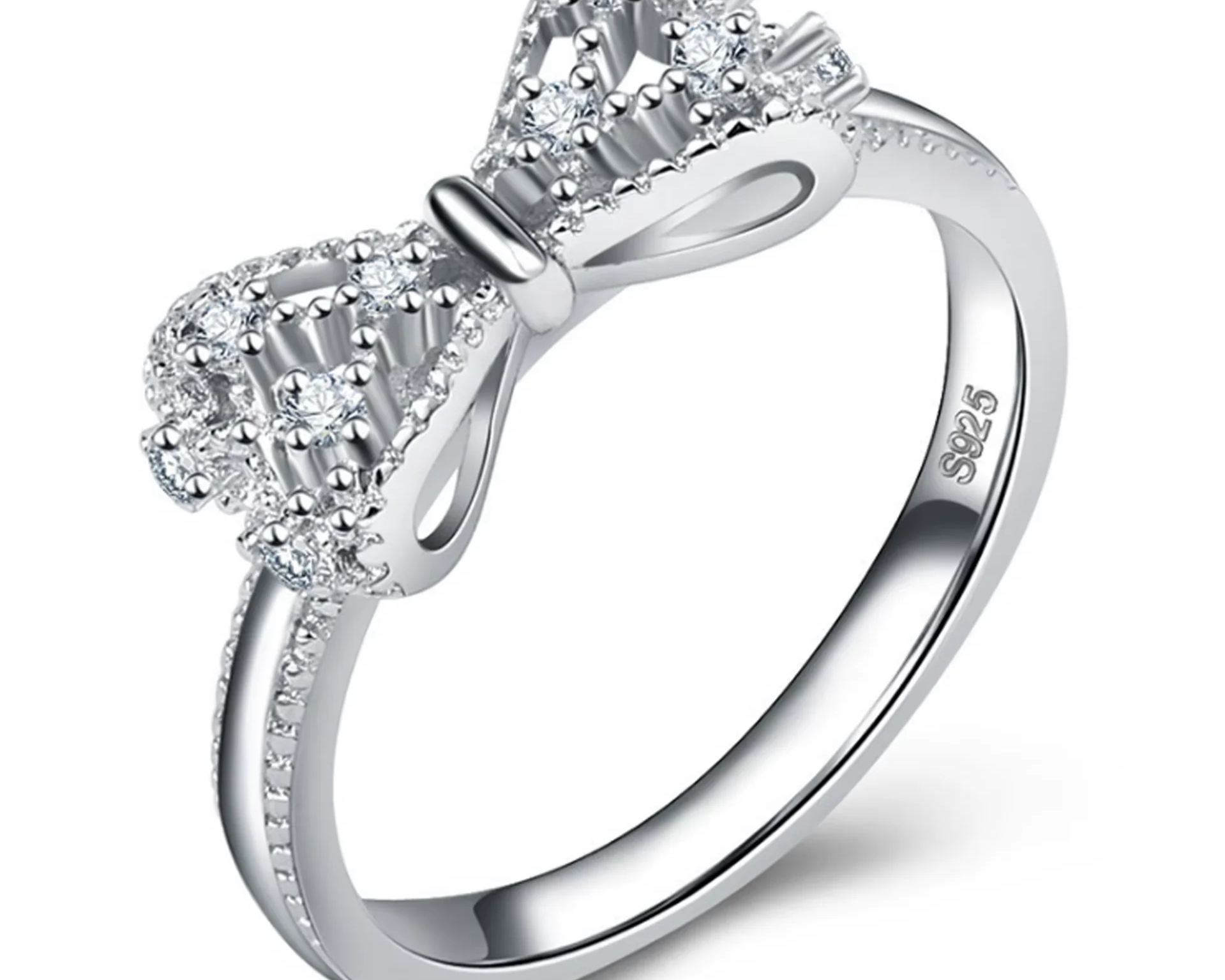 925 Sterling Silver Bowknot Bow Knot Cubic Zirconia Rhinestone Rings for Women Fashion Trendy Wedding Engagement Jewelry