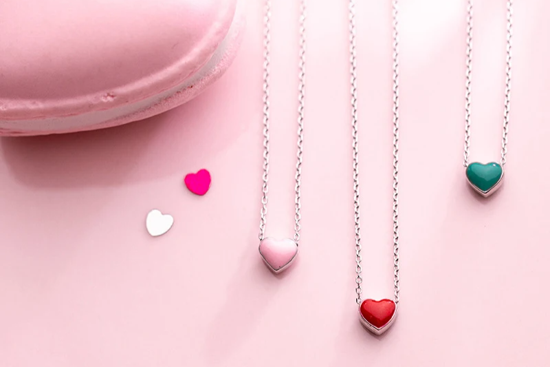 Real 925 Sterling Silver Red Pink Green Enamel Hearts Pendant Necklace for Women Statement Fine Silver Jewelry Collar