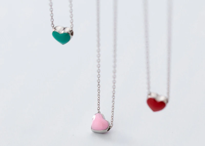 Real 925 Sterling Silver Red Pink Green Enamel Hearts Pendant Necklace for Women Statement Fine Silver Jewelry Collar