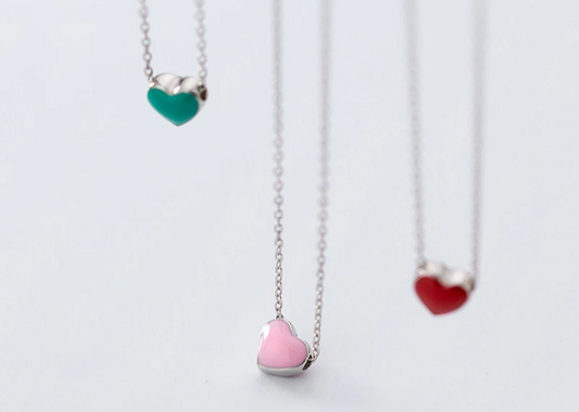 Real 925 Sterling Silver Red Pink Green Enamel Hearts Pendant Necklace for Women Statement Fine Silver Jewelry Collar