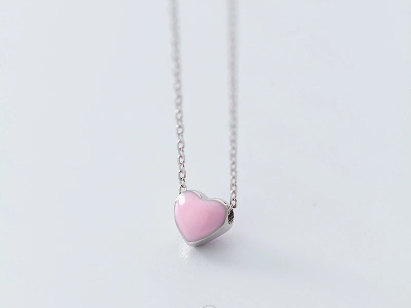Real 925 Sterling Silver Red Pink Green Enamel Hearts Pendant Necklace for Women Statement Fine Silver Jewelry Collar