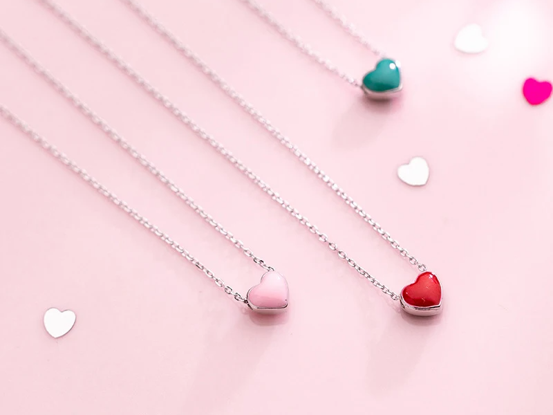 Real 925 Sterling Silver Red Pink Green Enamel Hearts Pendant Necklace for Women Statement Fine Silver Jewelry Collar