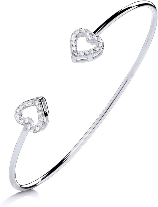 Solid 925 Sterling Silver Cubic Zirconia HEART Ladies Torque Bangle