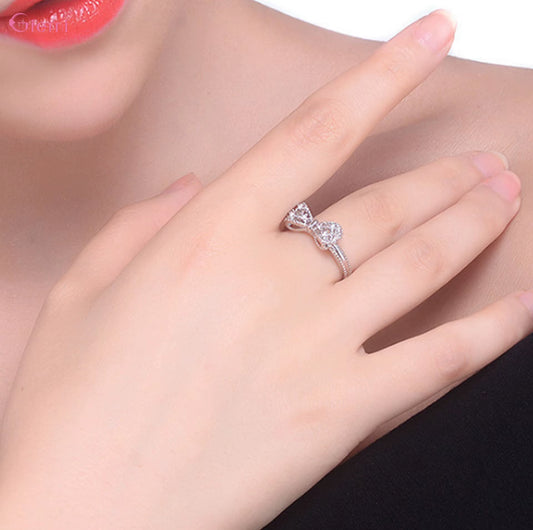 925 Sterling Silver Bowknot Bow Knot Cubic Zirconia Rhinestone Rings for Women Fashion Trendy Wedding Engagement Jewelry